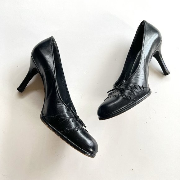 Stuart Weitzman Stitch Tie Front Bow Black Leather Heel Shoes Womens Size 8 Work - Picture 1 of 7